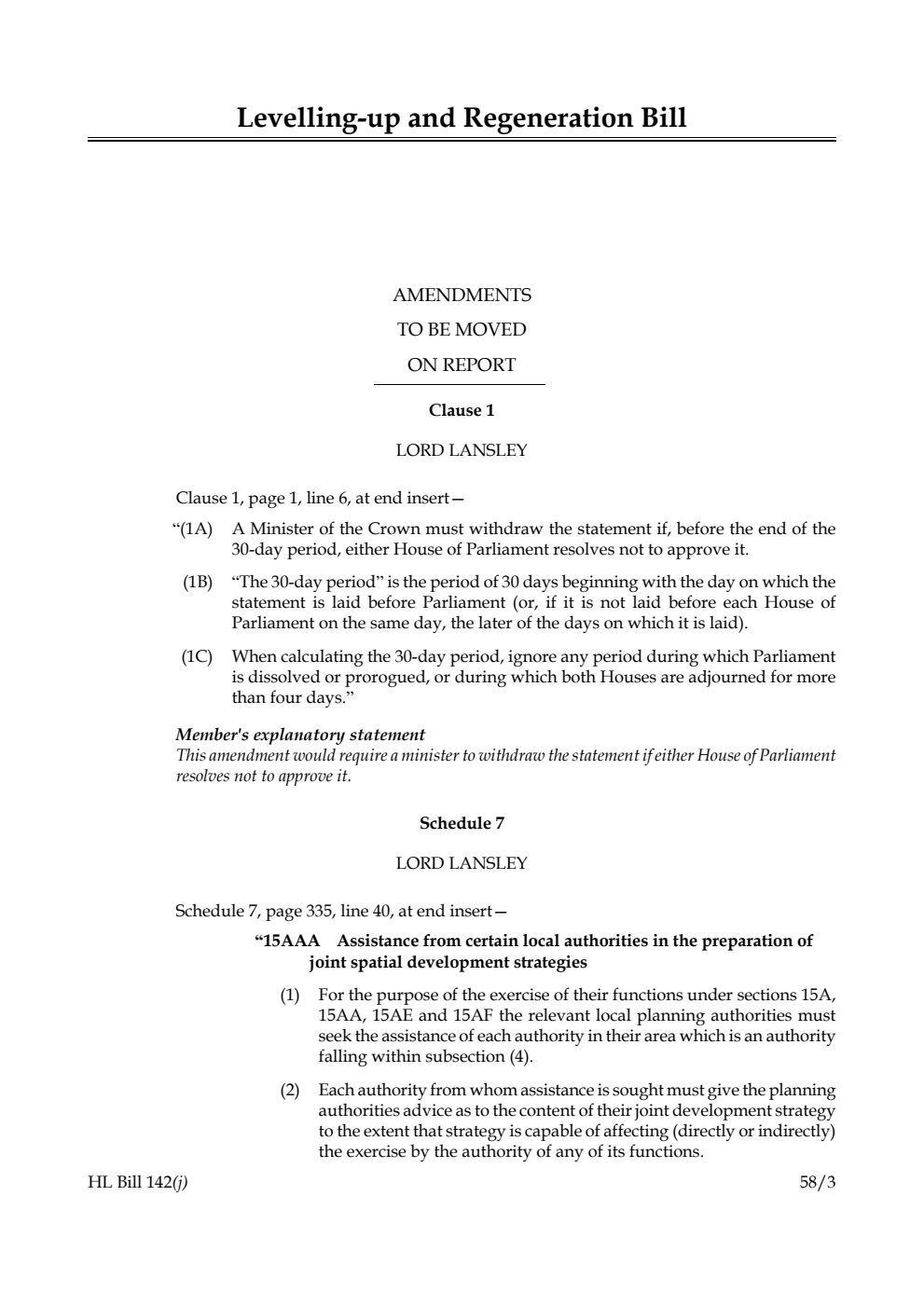 Levelling-up and Regeneration Bill Amendments to be moved on Report