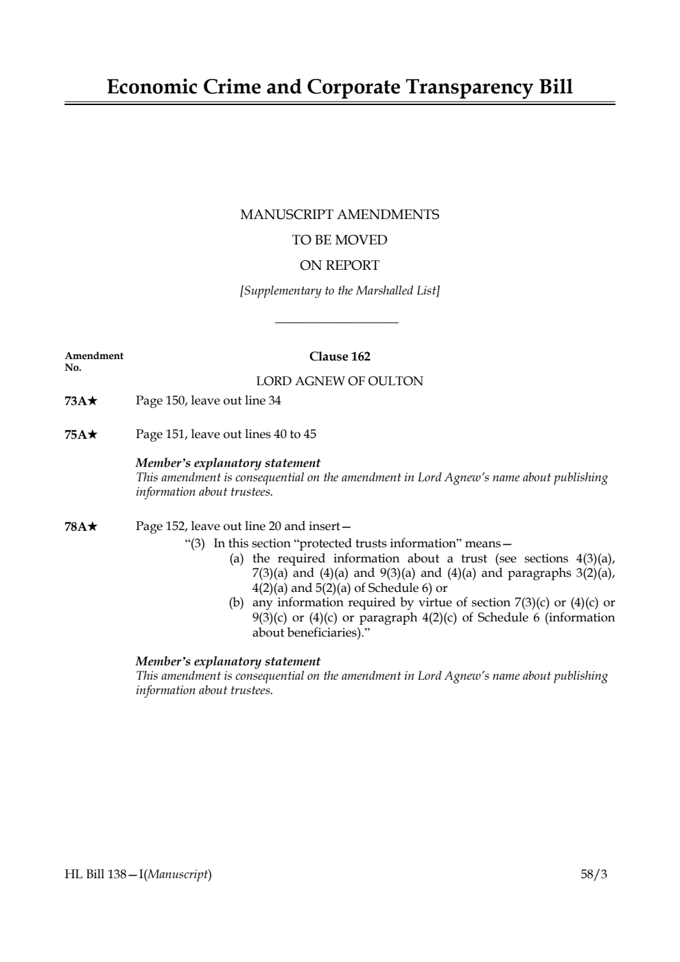 Economic Crime and Corporate Transparency Bill Manuscript Amendments to be moved on report [Supplementary to the Marshalled List]