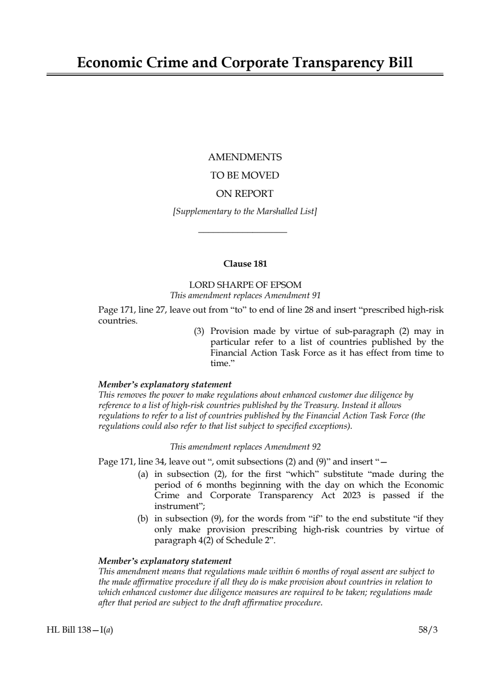 Economic Crime and Corporate Transparency Bill Amendments to be moved on Report [Supplementary to the Marshalled List]