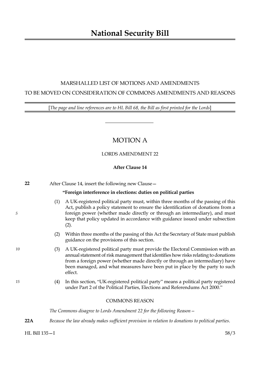 National Security Bill Marshalled List of motions and amendments to be moved on Consideration of Commons amendments and reasons