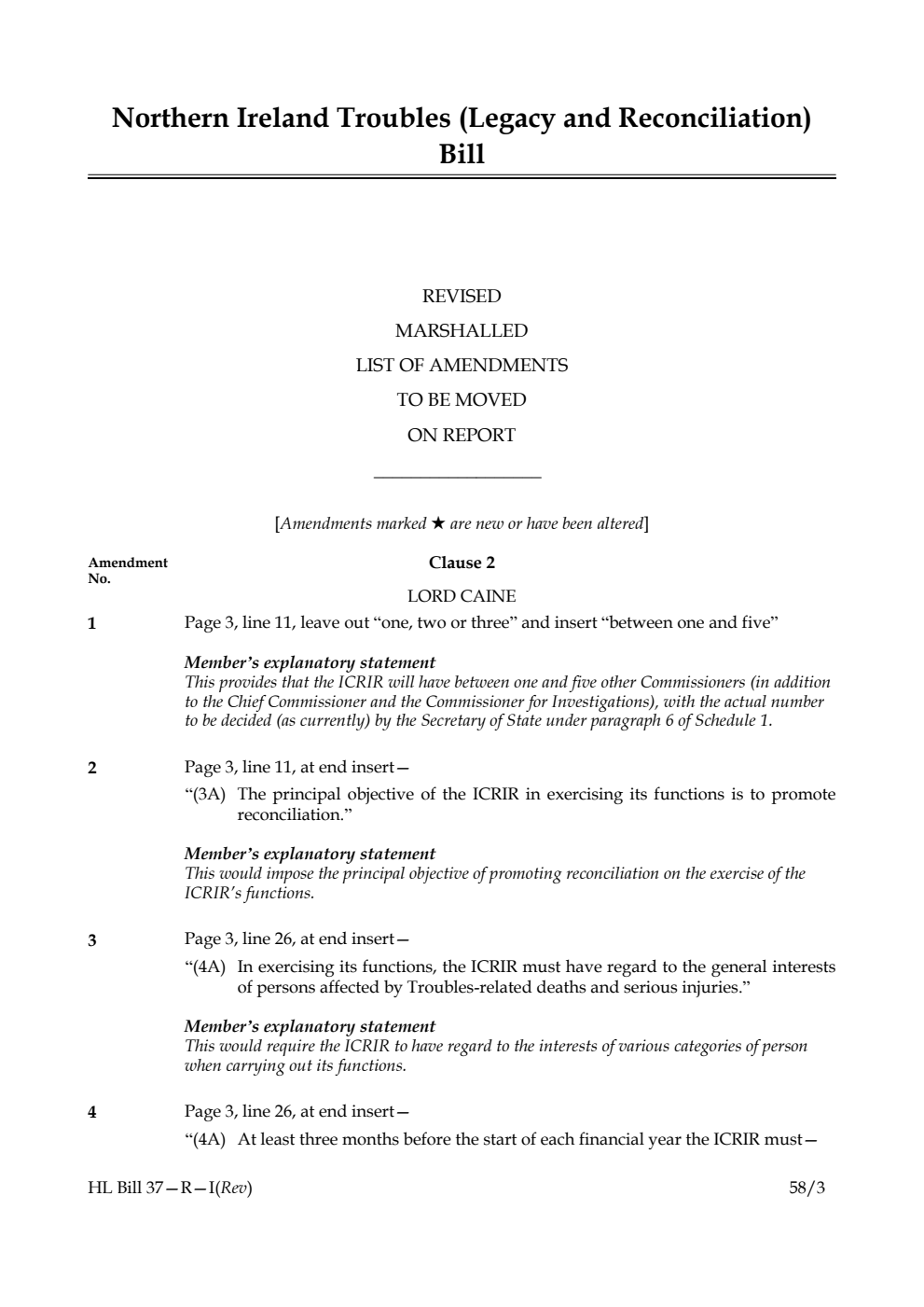 Northern Ireland Troubles (Legacy and Reconciliation) Bill Revised Marshalled List of Amendments to be moved on report