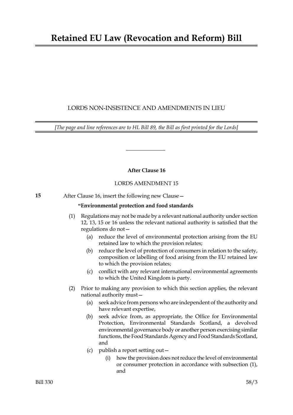 Retained EU Law (Revocation and Reform) Bill Lords non-insistence and amendments in lieu