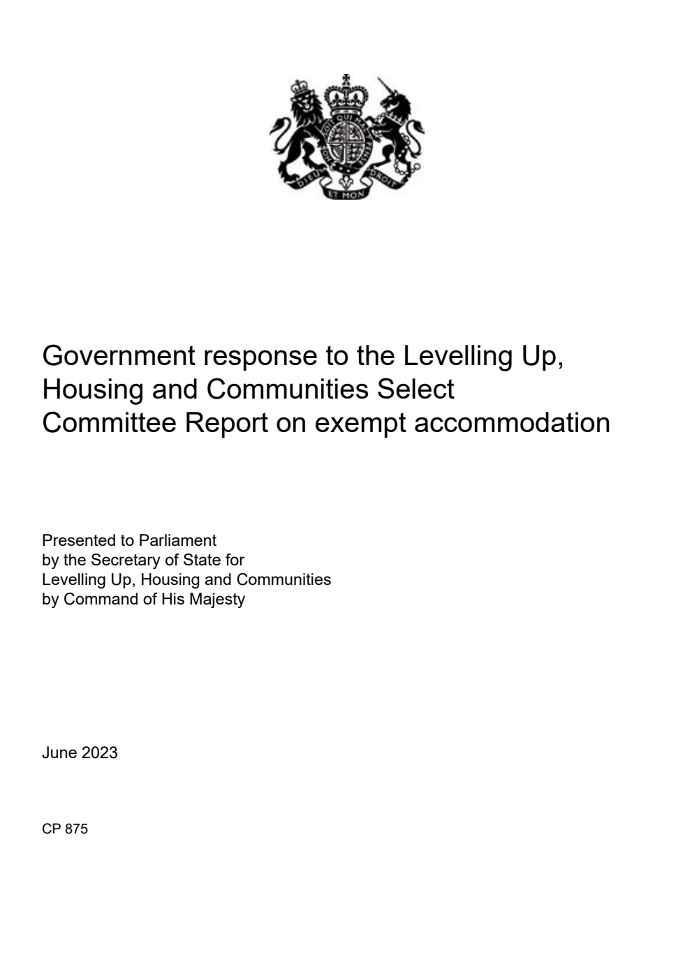 Government response to the Levelling Up, Housing and Communities Select Committee Report on exempt accommodation