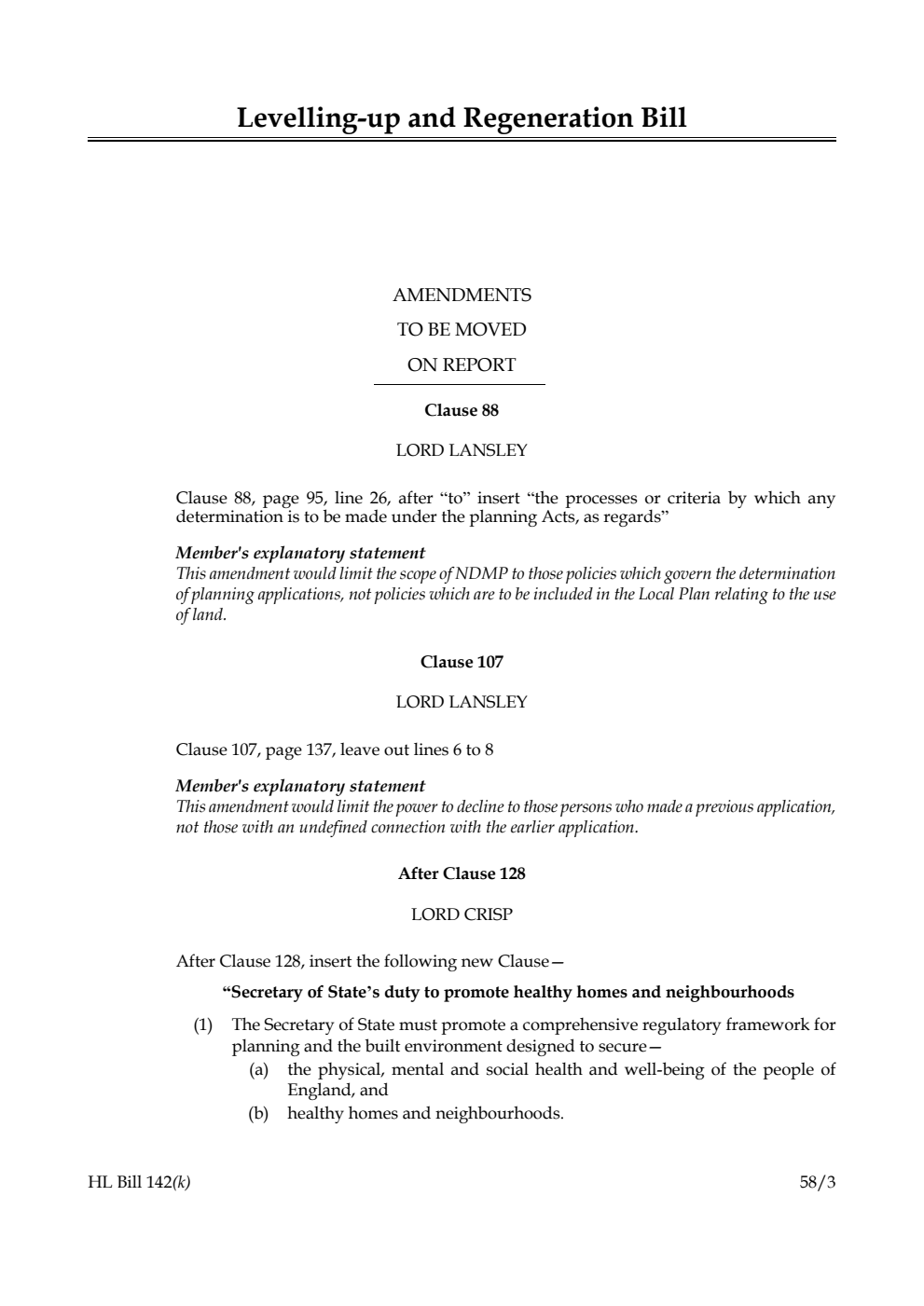 Levelling-up and Regeneration Bill Amendments to be moved on Report