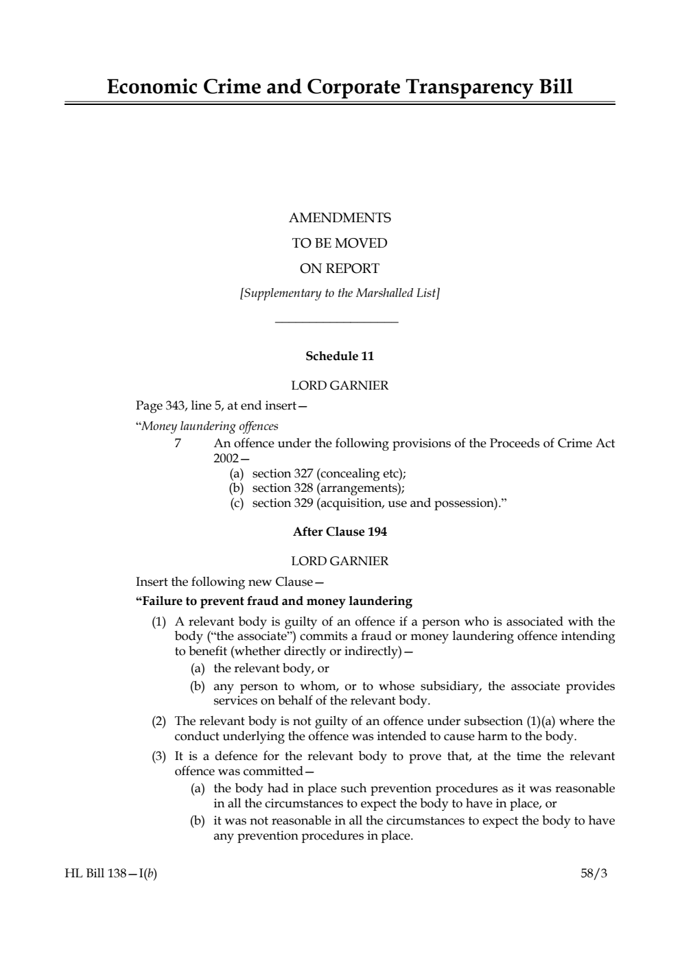 Economic Crime and Corporate Transparency Bill Amendments to be moved on Report [Supplementary to the Marshalled List]