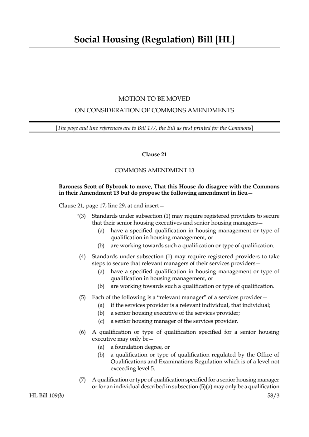 Social Housing (Regulation) Bill Motion to be moved on Consideration of Commons amendments