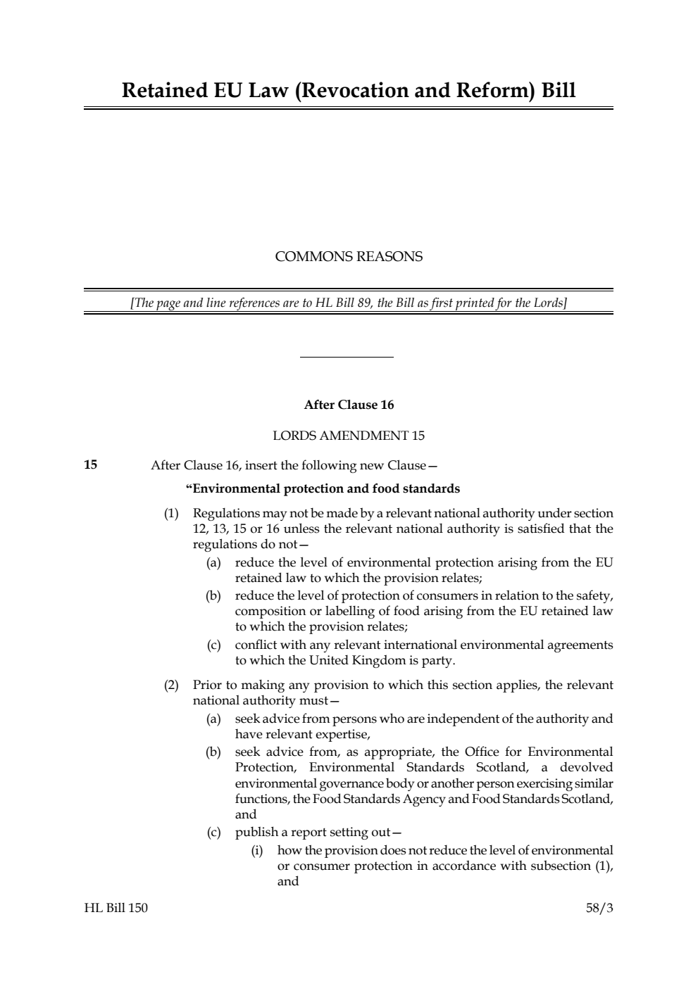 Retained EU Law (Revocation and Reform) Bill Commons reasons