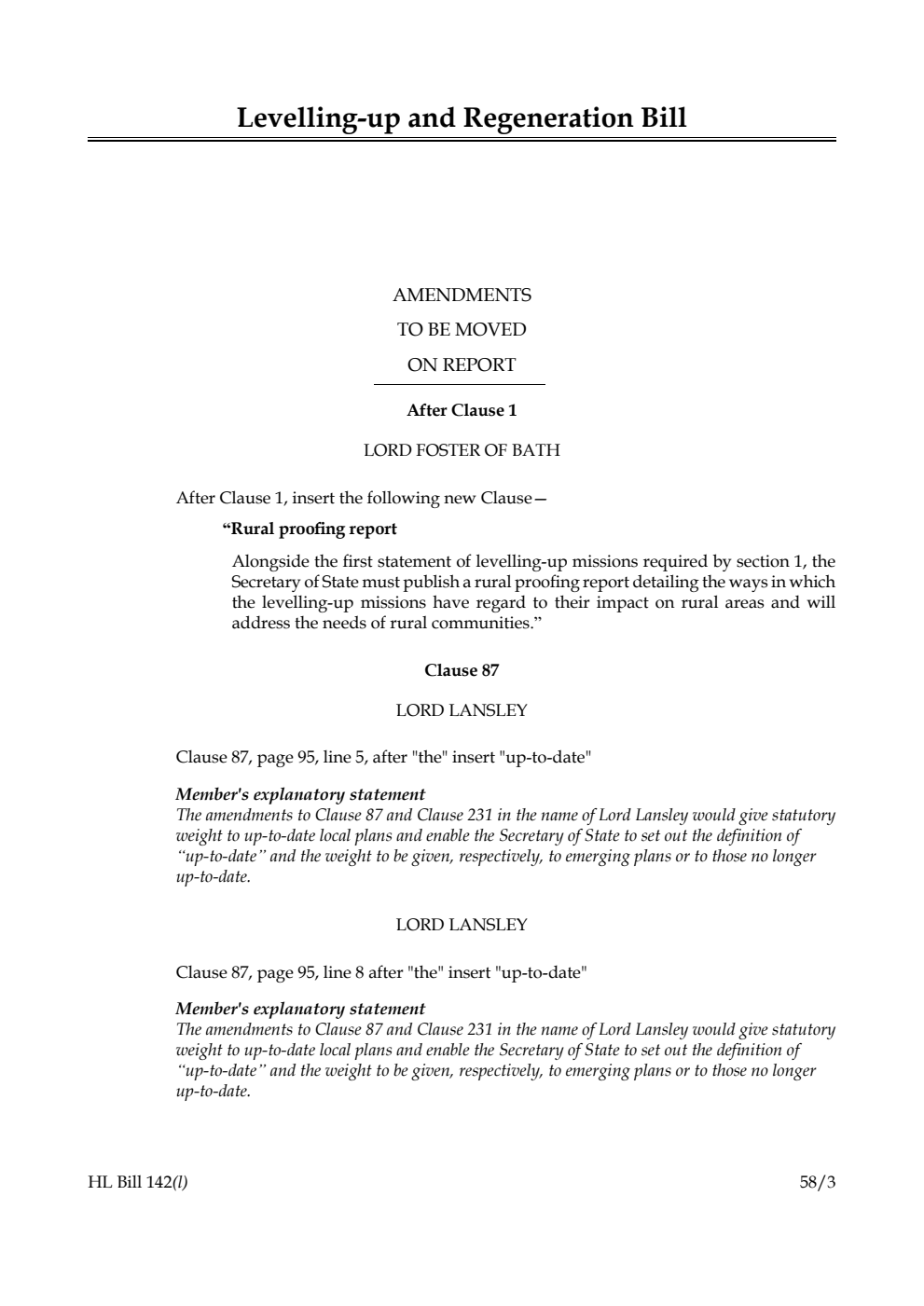 Levelling-up and Regeneration Bill Amendments to be moved on Report