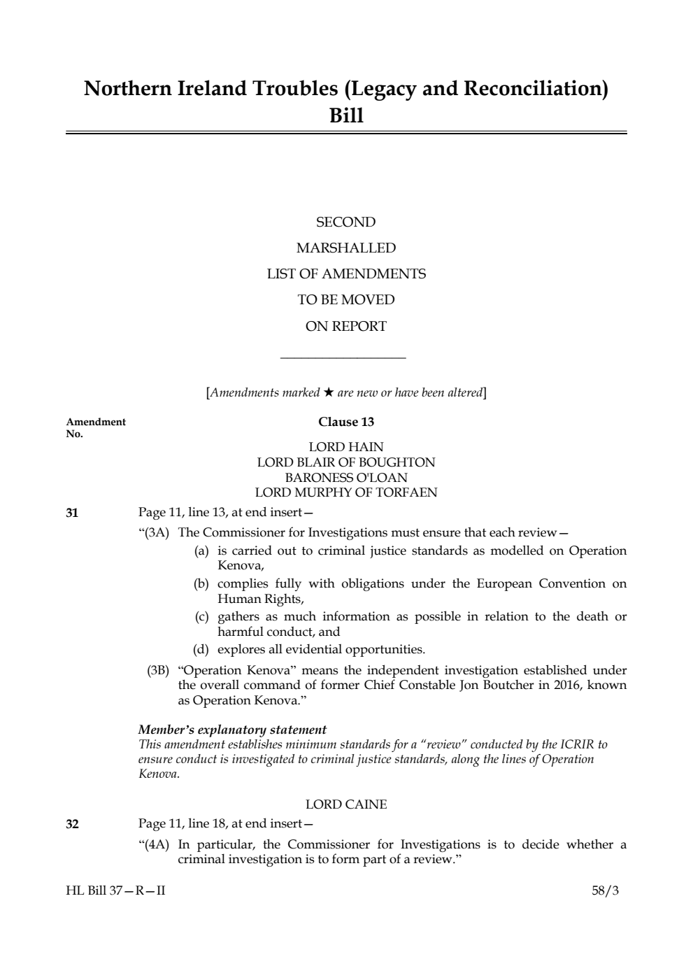 Northern Ireland Troubles (Legacy and Reconciliation) Bill Second Marshalled List of Amendments to be moved on report