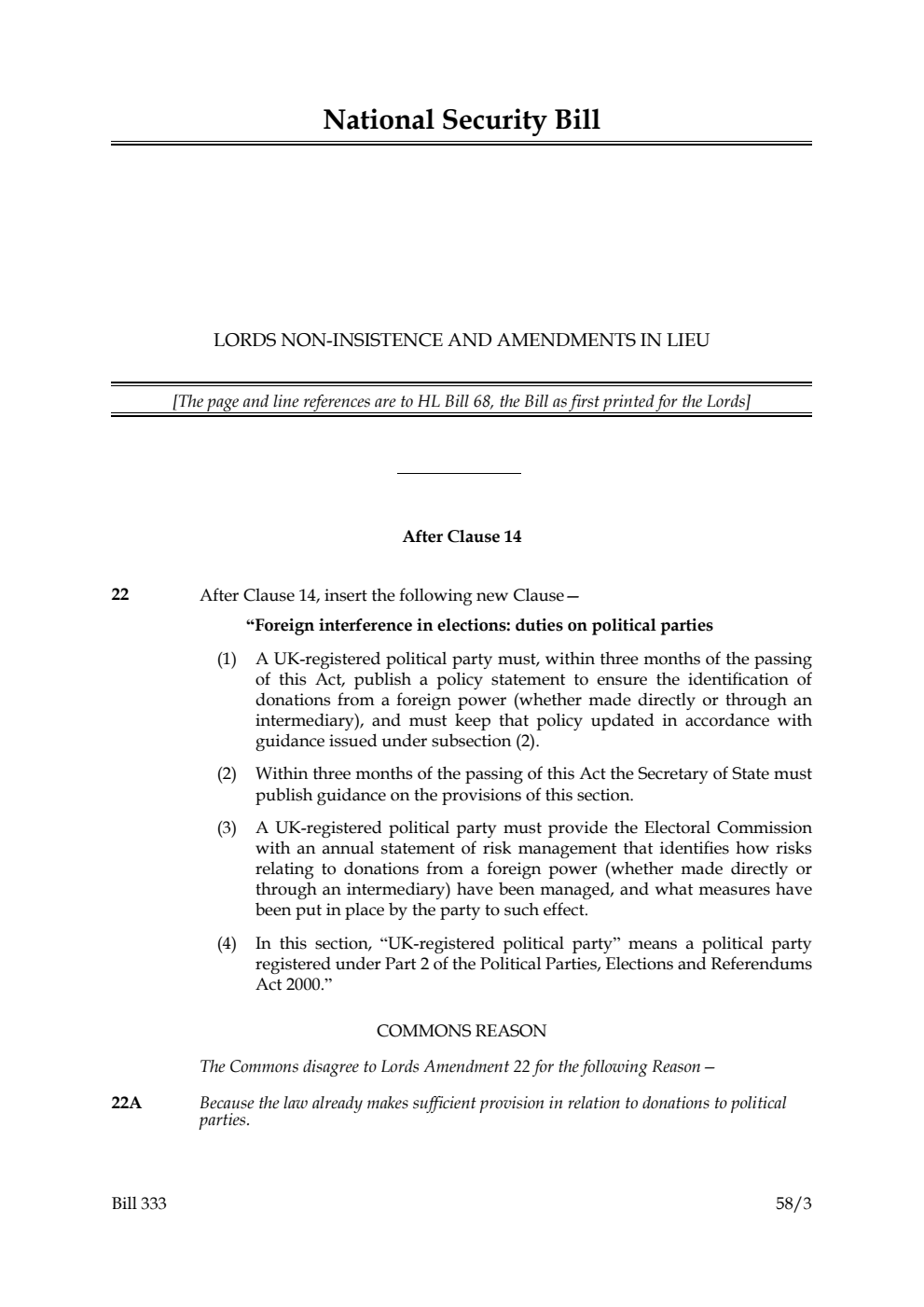 National Security Bill Lords non-insistence and amendments in lieu