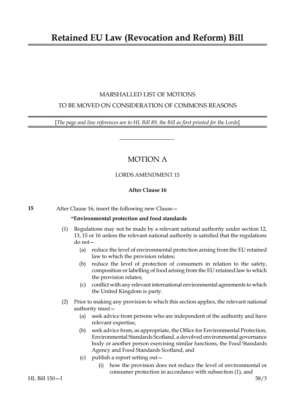 Retained EU Law (Revocation and Reform) Bill Marshalled List of Motions to be moved on Consideration of Commons reasons