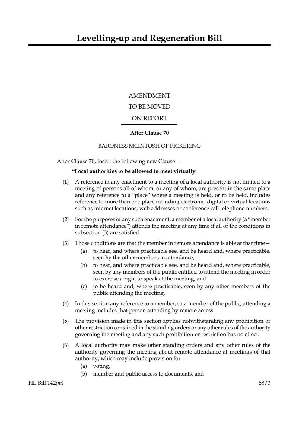 Levelling-up and Regeneration Bill Amendment to be moved on Report