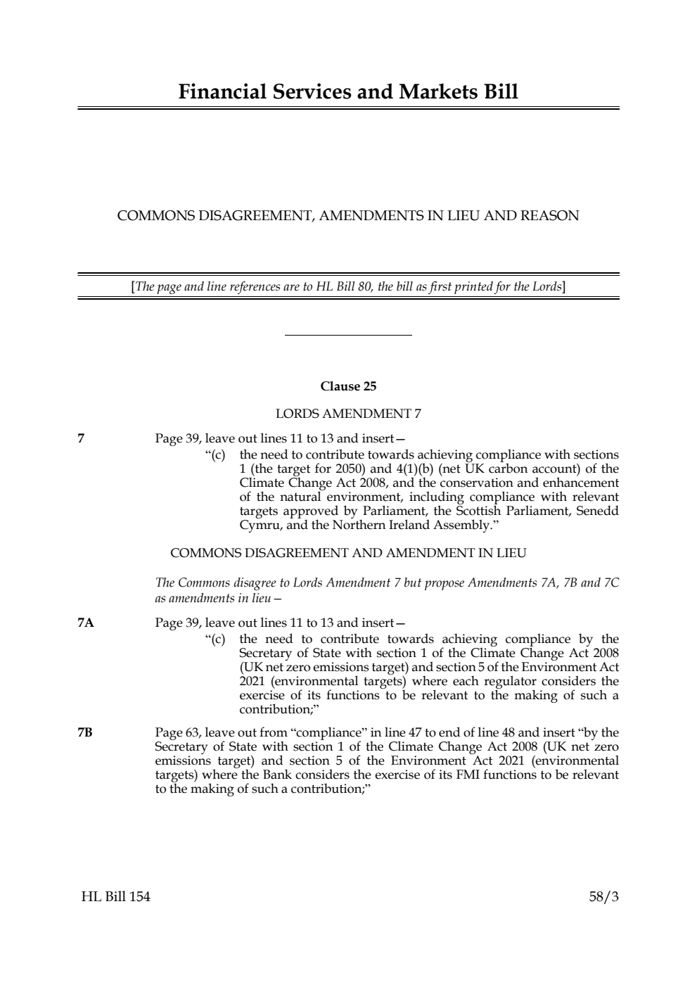 Financial Services and Markets Bill Commons disagreement, amendments in lieu and reasons