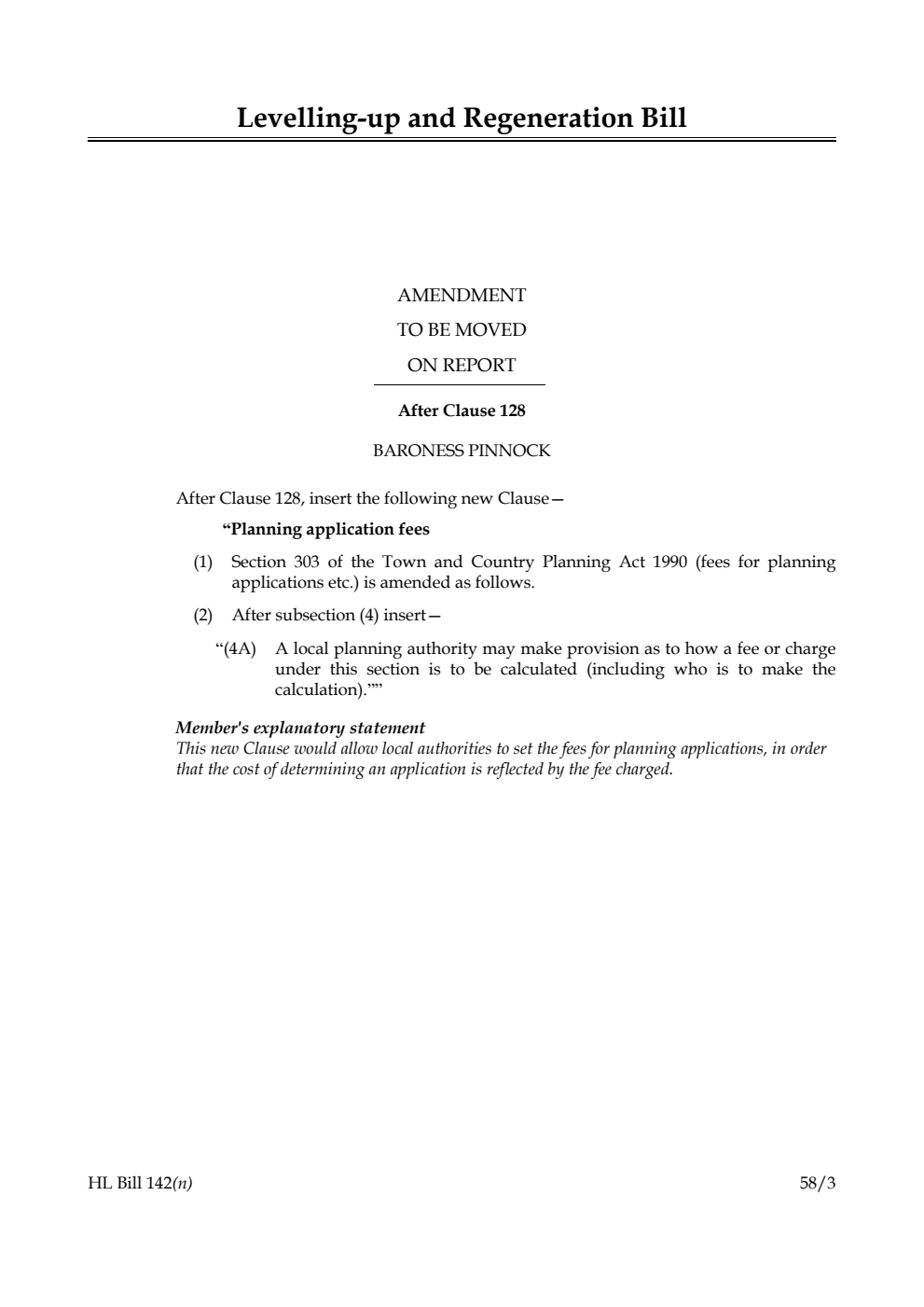 Levelling-up and Regeneration Bill Amendment to be moved on Report