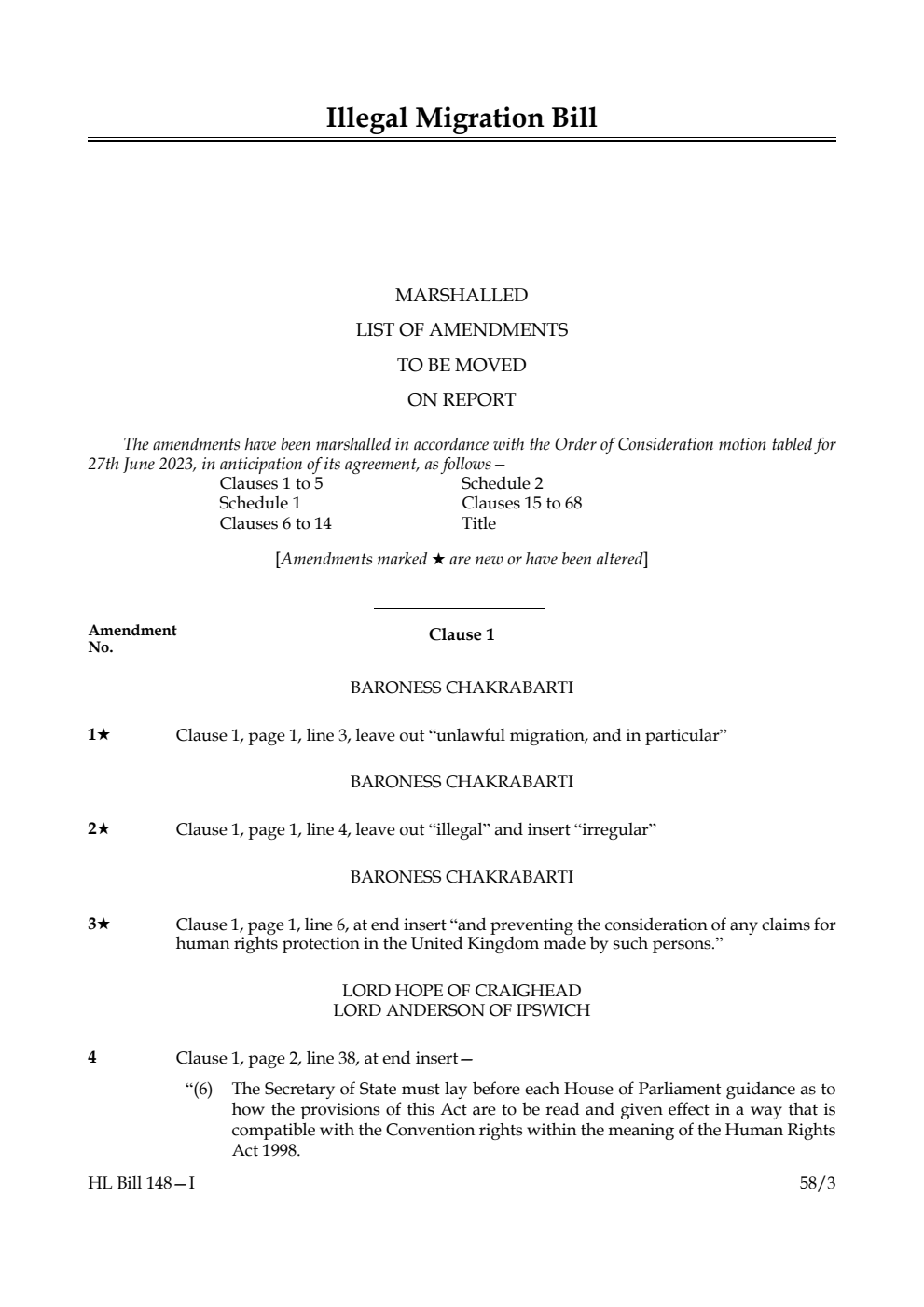 Illegal Migration Bill Marshalled List of Amendments to be moved on report