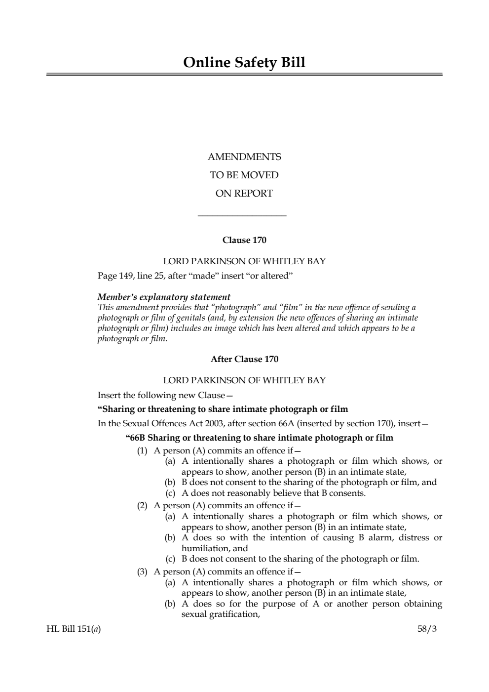 Online Safety Bill Amendments to be moved on Report