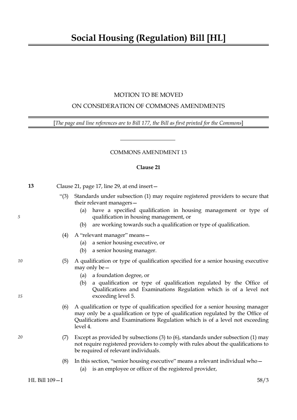 Social Housing (Regulation) Bill Motion to be moved on Consideration of Commons amendments