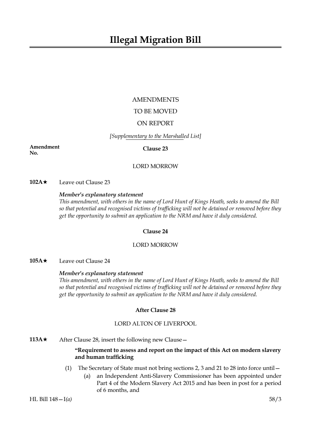 Illegal Migration Bill Amendments to be moved on Report [Supplementary to the Marshalled List]