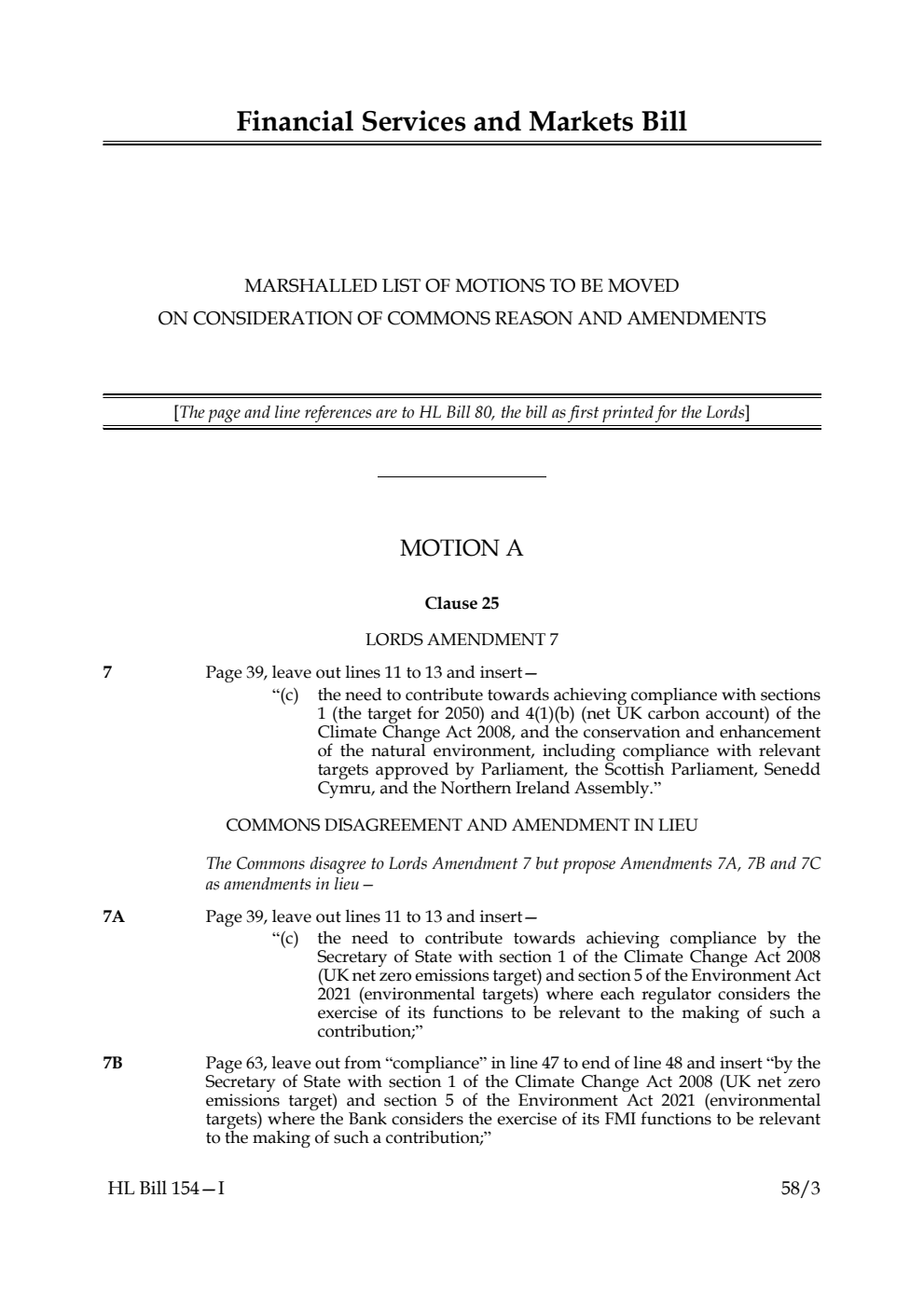 Financial Services and Markets Bill Marshalled List of motions to be moved on consideration of Commons reasons and amendments