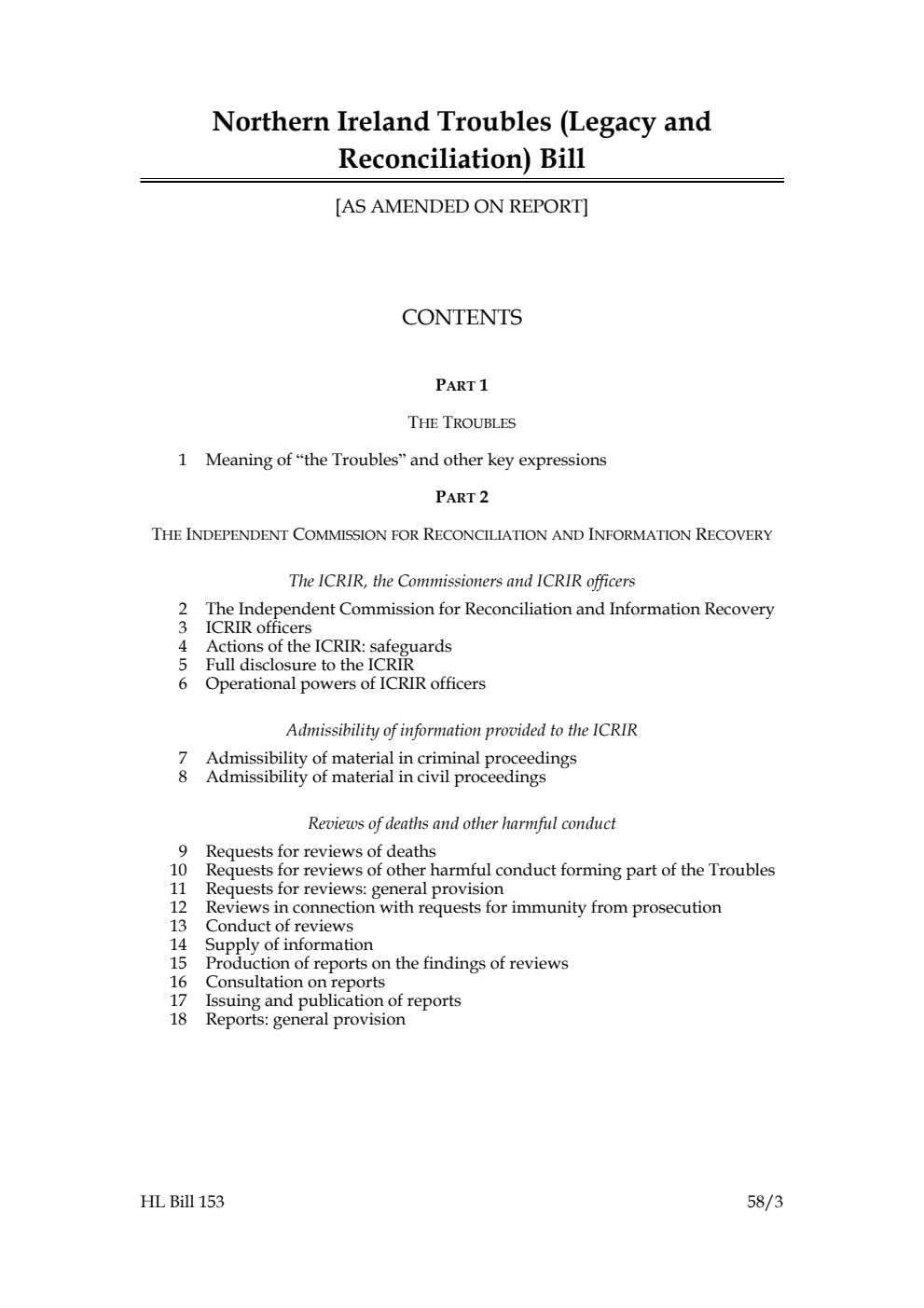 Northern Ireland Troubles (Legacy and Reconciliation) Bill [as amended on Report]