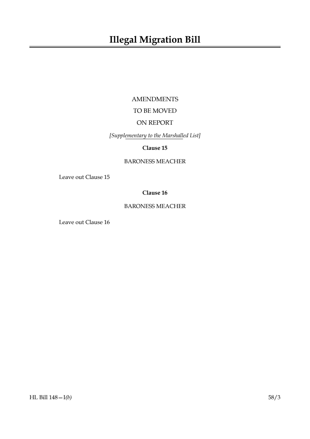 Illegal Migration Bill Amendments to be moved on Report [Supplementary to the Marshalled List]