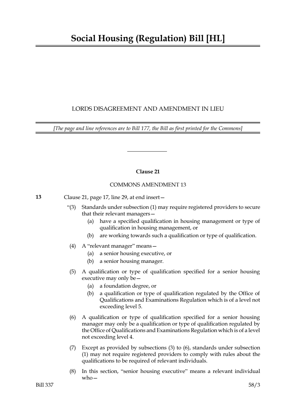 Social Housing (Regulation) Bill Lords disagreement and amendment in lieu
