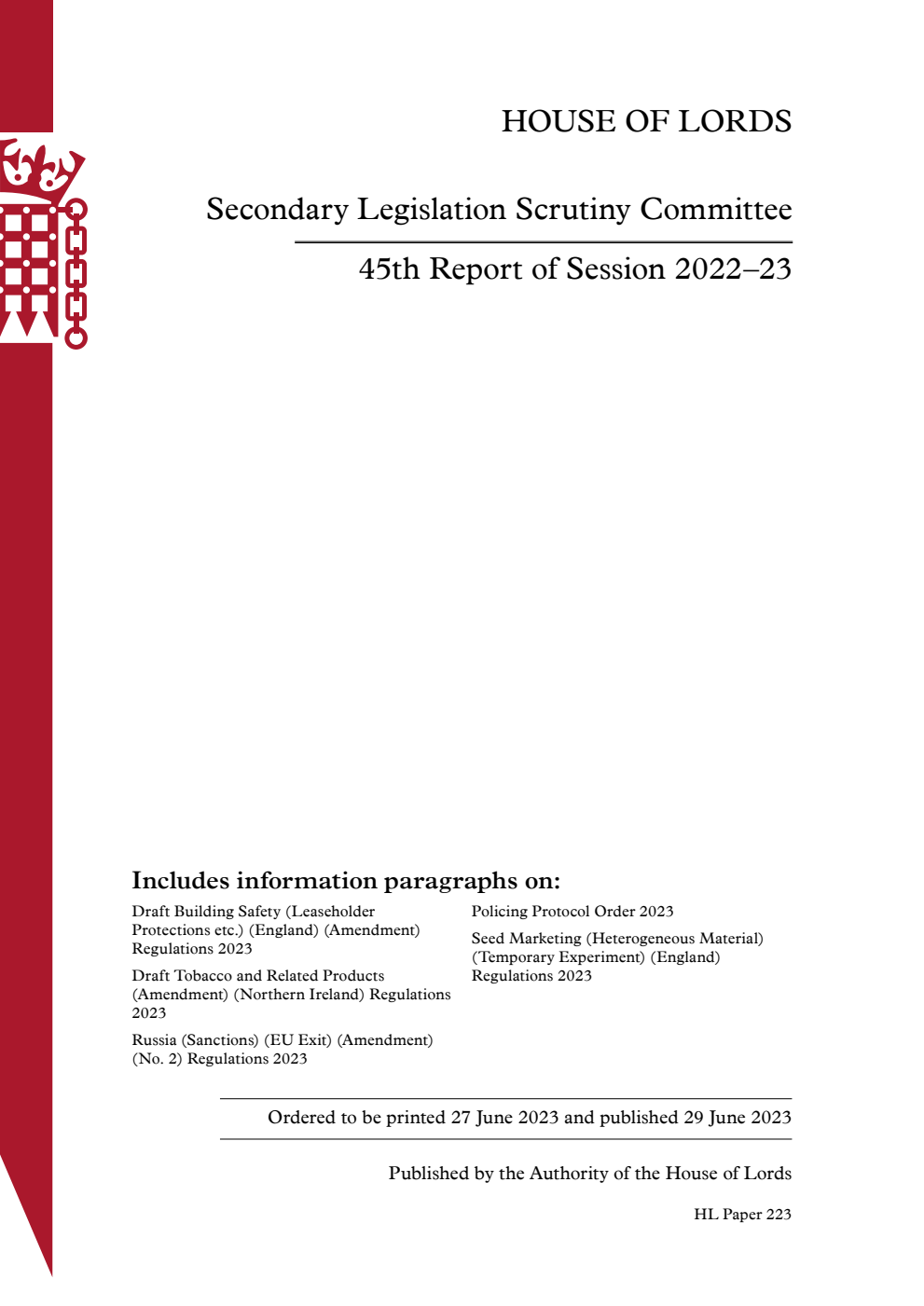Secondary Legislation Scrutiny Committee 45th Report of Session 2022–23
