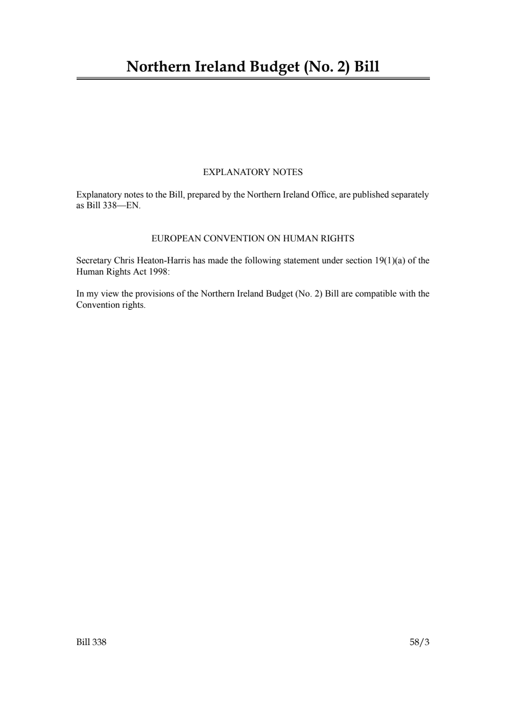 Northern Ireland Budget (No. 2) Bill