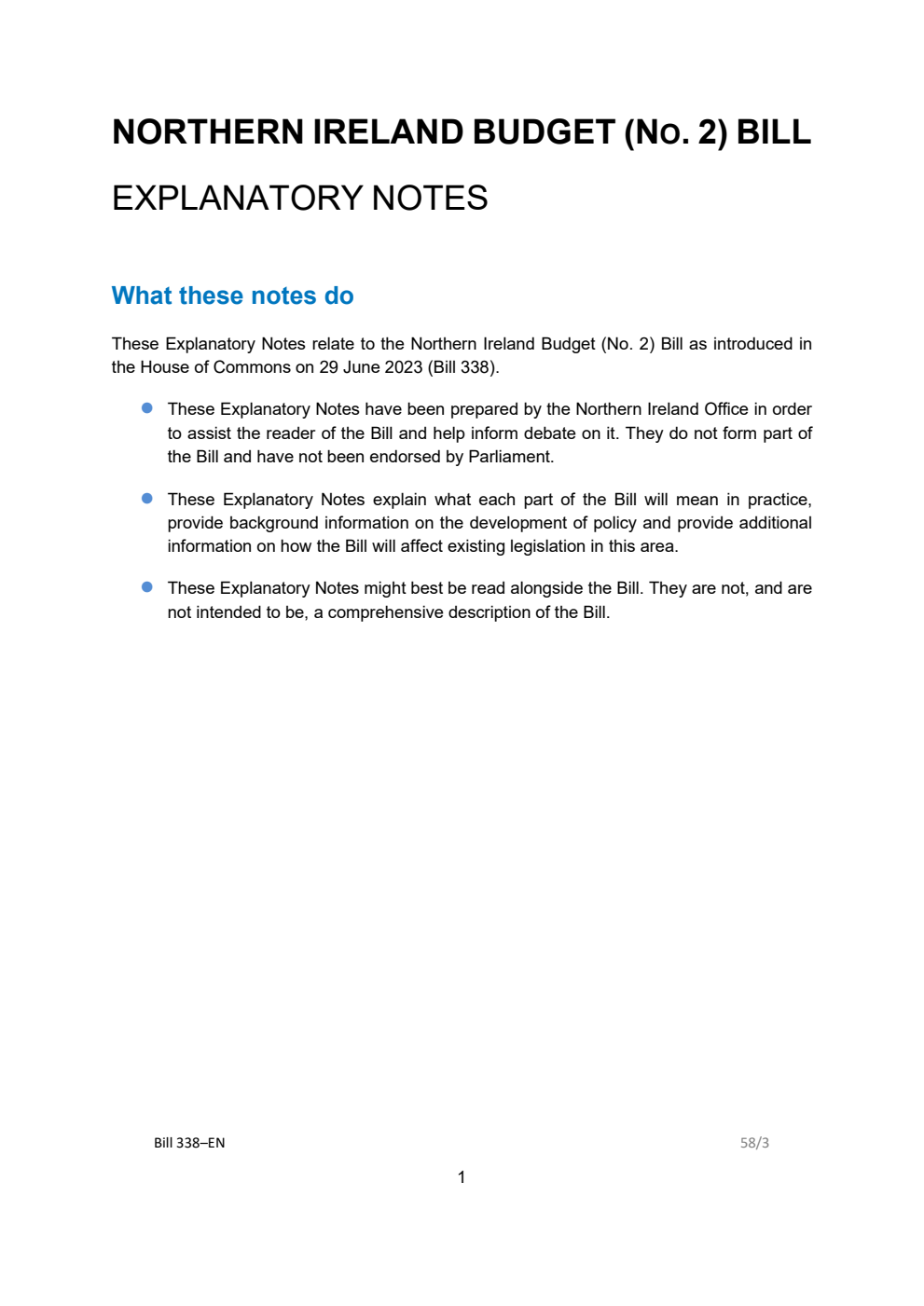 Northern Ireland Budget (No. 2) Bill Explanatory Notes