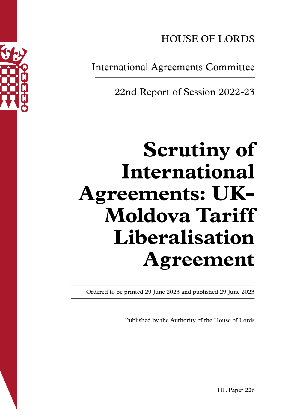 International Agreements Committee 22nd Report. Scrutiny of International Agreements: UK-Moldova Tariff Liberalisation Agreement