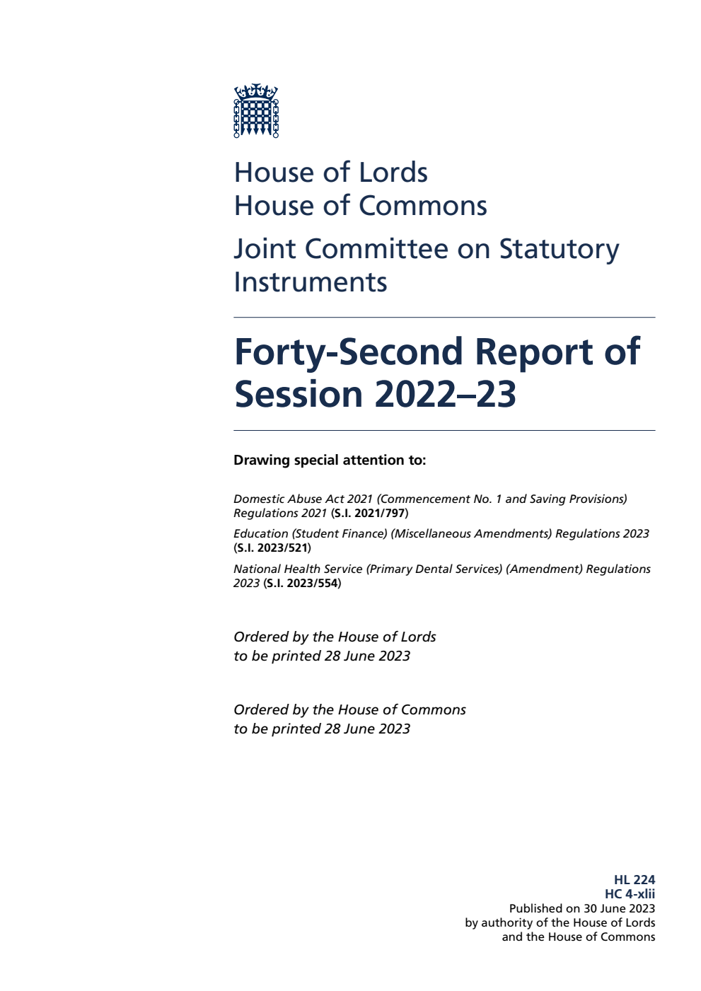 Joint Committee on Statutory Instruments 42nd Report of Session 2022-23