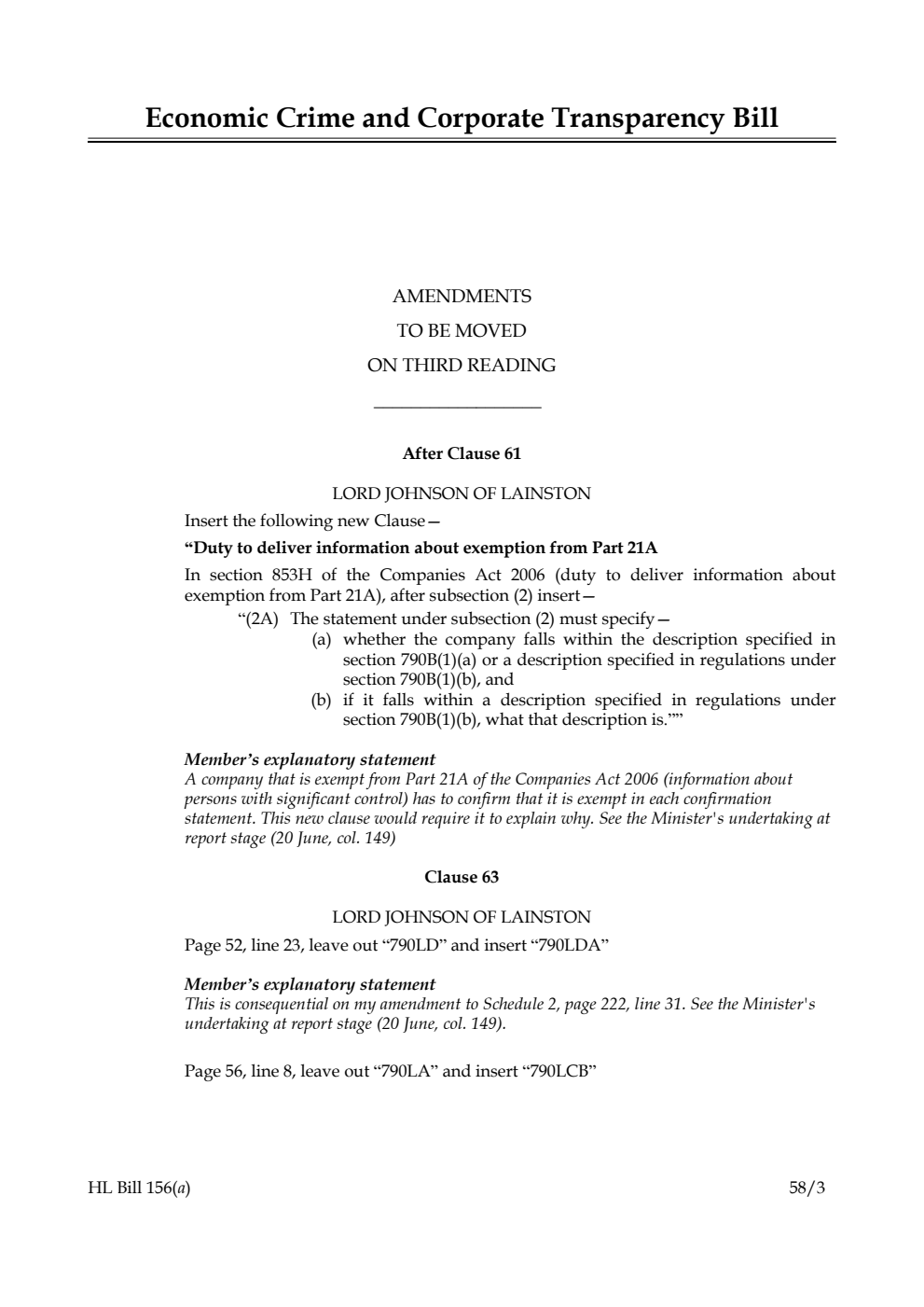 Economic Crime and Corporate Transparency Bill Amendments to be moved on third reading