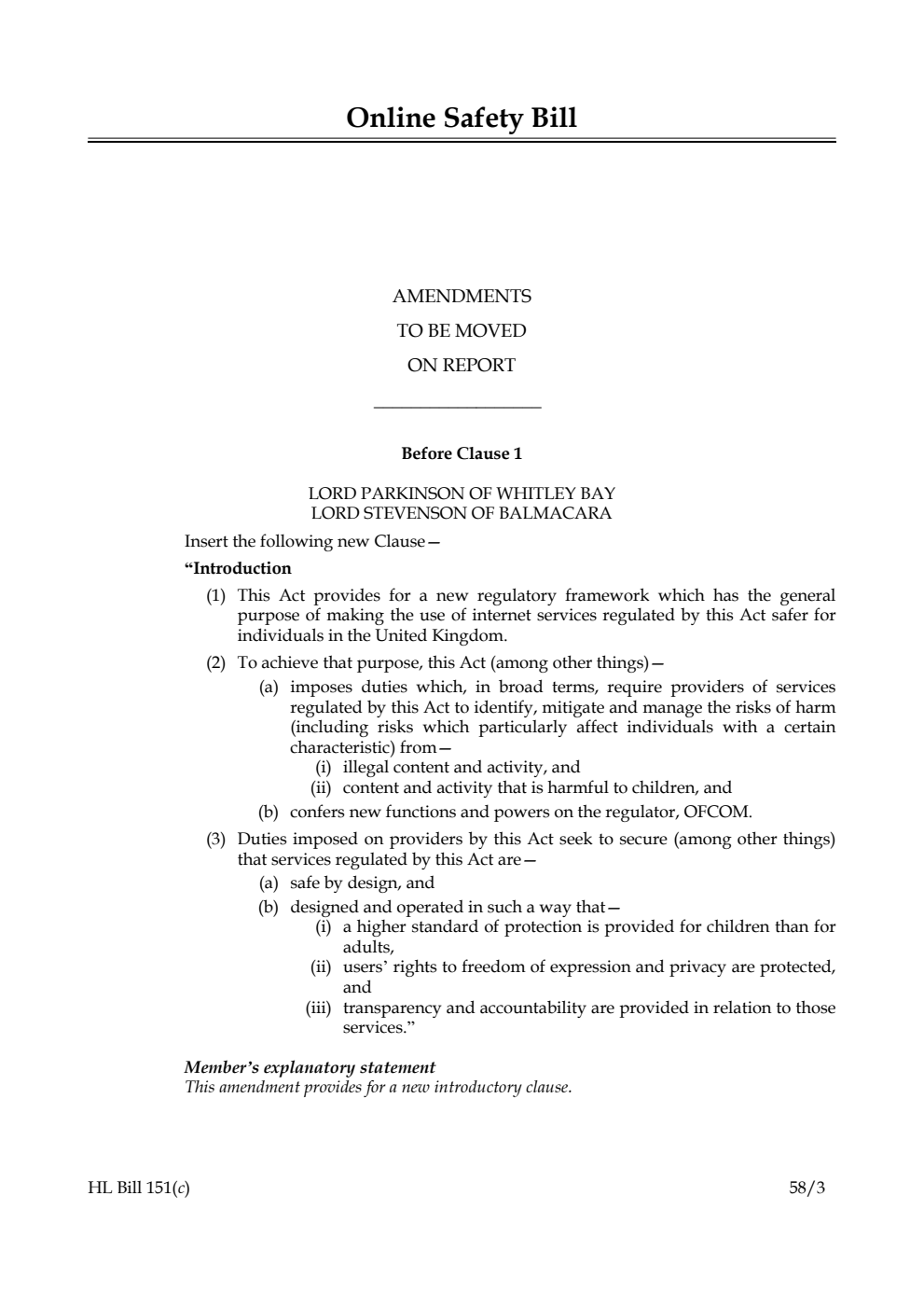 Online Safety Bill Amendments to be moved on Report