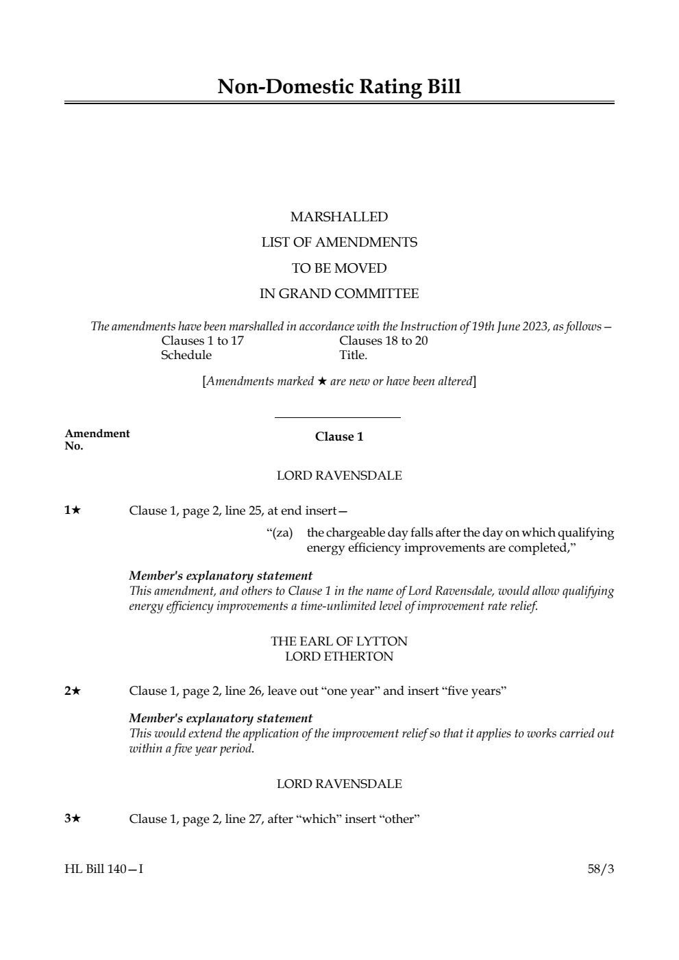 Non-Domestic Rating Bill Marshalled List of Amendments to be moved in Grand Committee