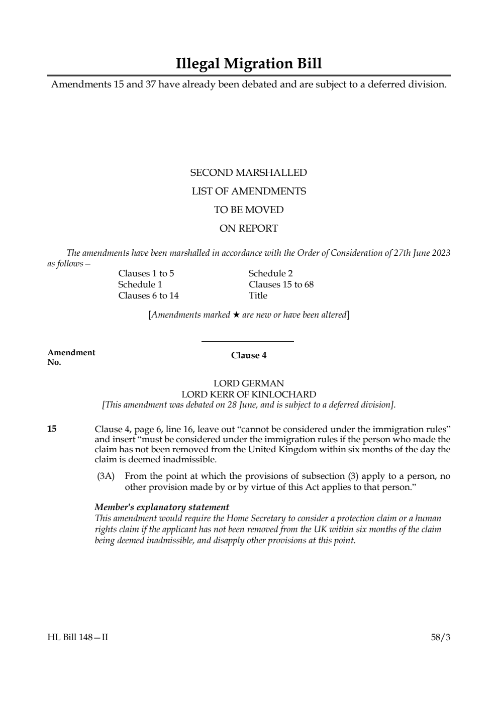 Illegal Migration Bill Second Marshalled List of Amendments to be moved on report