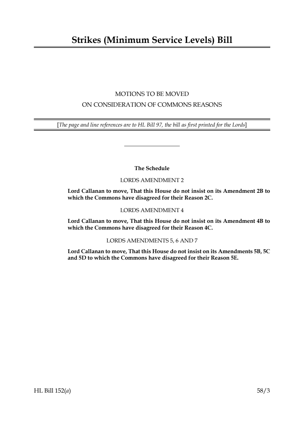 Strikes (Minimum Service Levels) Bill Motions to be moved on Consideration of Commons reasons