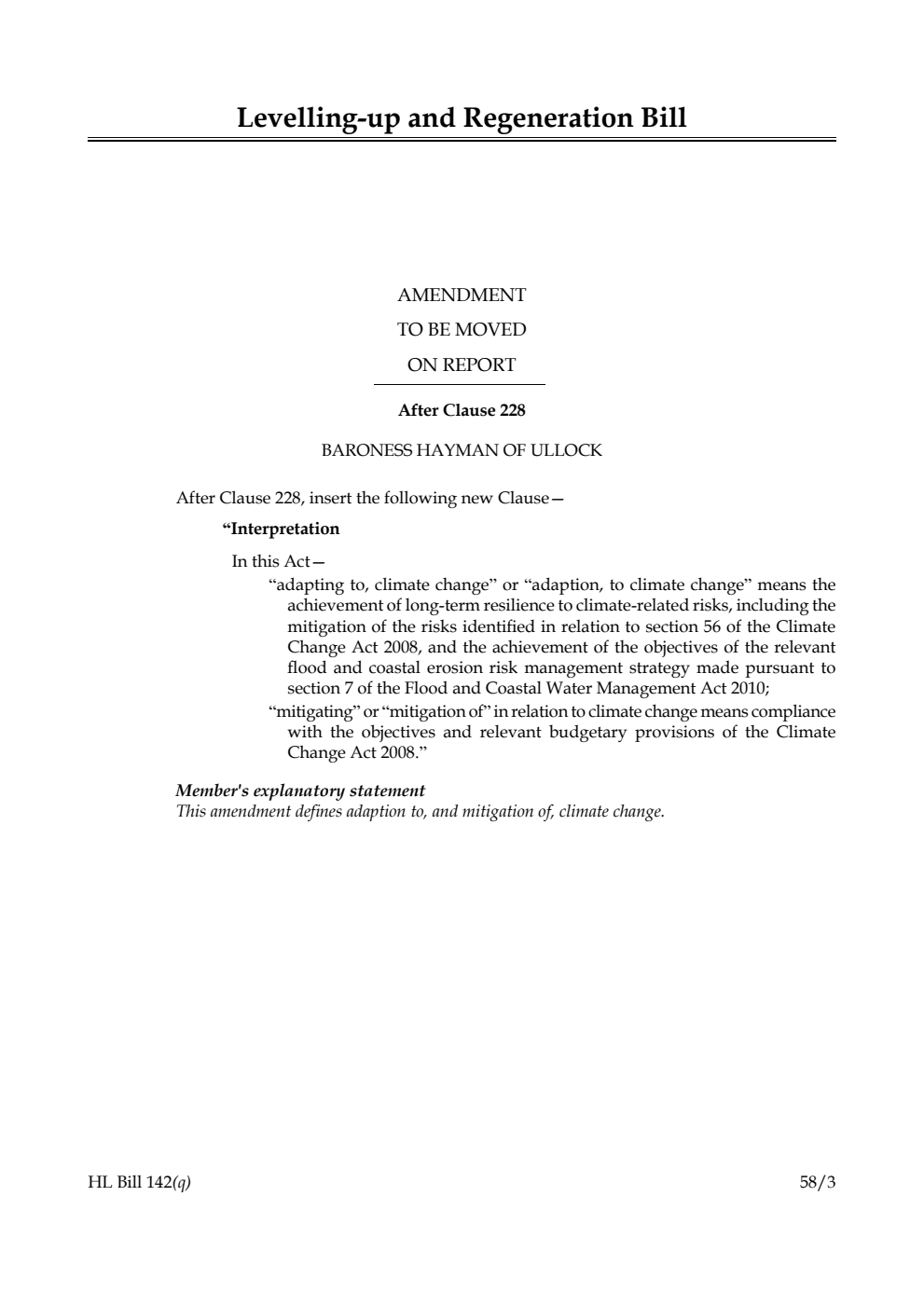 Levelling-up and Regeneration Bill Amendment to be moved on Report