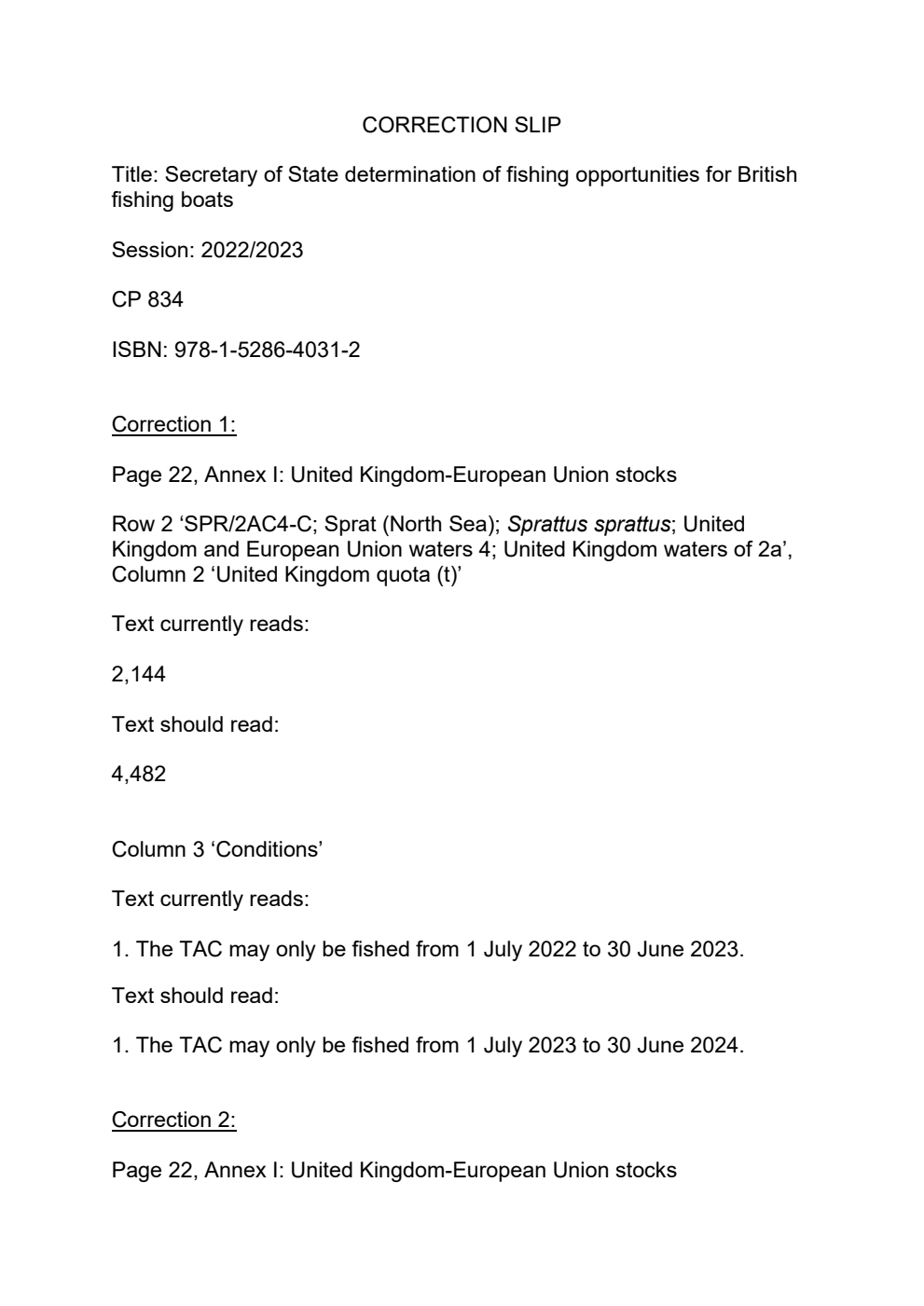 Secretary of State determination of fishing opportunities for British fishing boats. April 2023. 2nd Correction Slip, June 2023