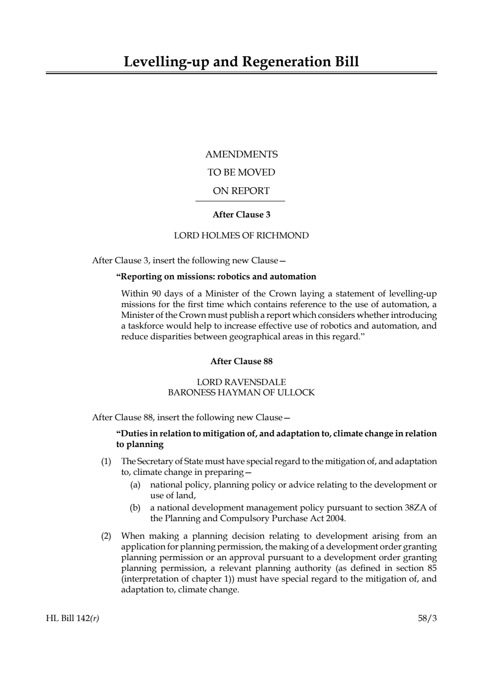 Levelling-up and Regeneration Bill Amendments to be moved on Report