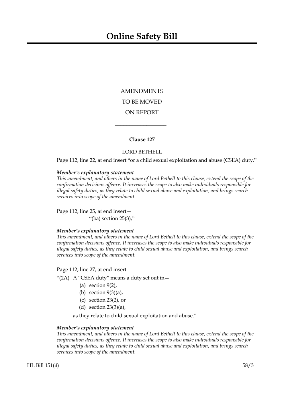 Online Safety Bill Amendments to be moved on Report