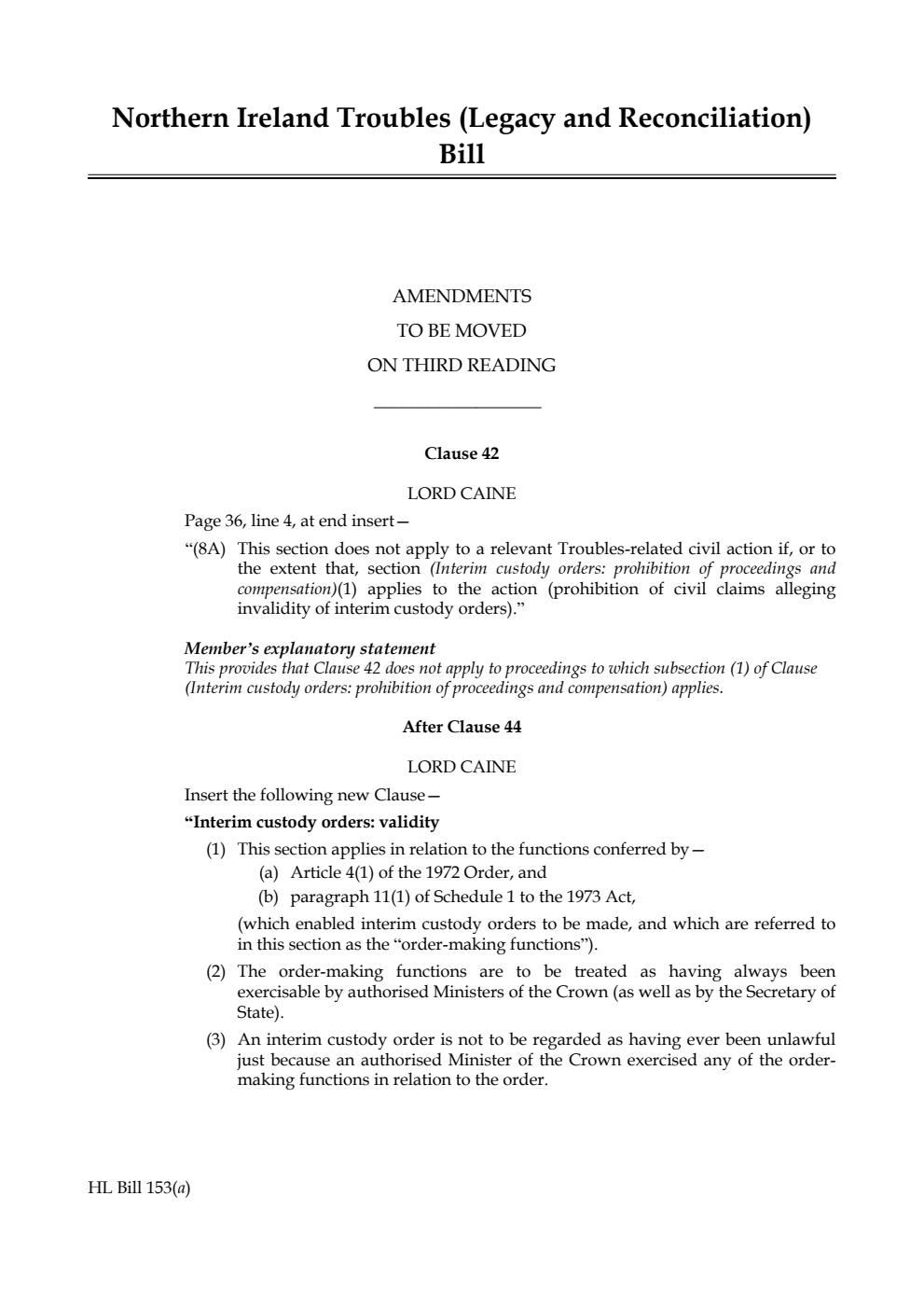 Northern Ireland Troubles (Legacy and Reconciliation) Bill Amendments to be moved on third reading