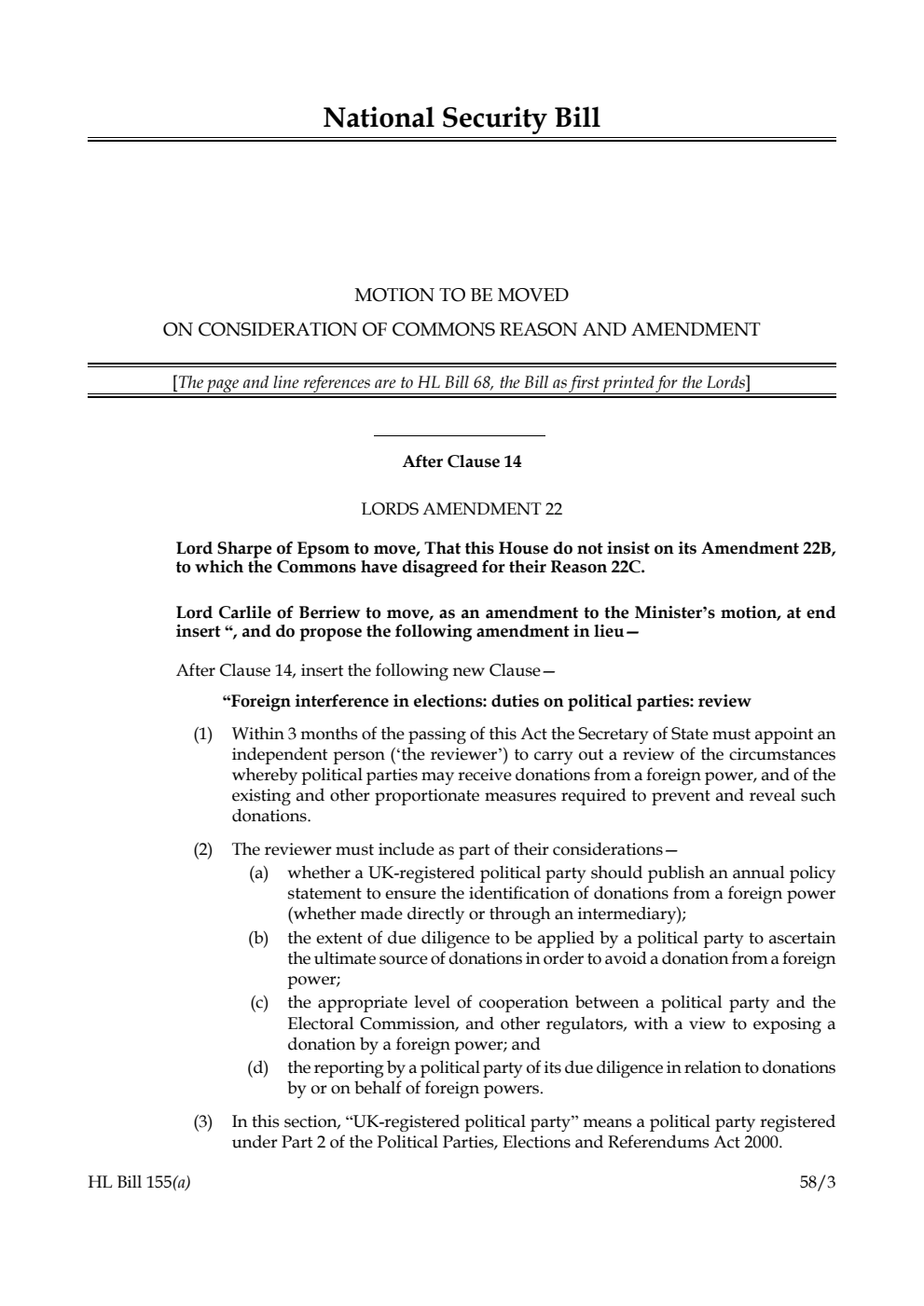 National Security Bill Motion to be moved on consideration of Commons Reason and amendment
