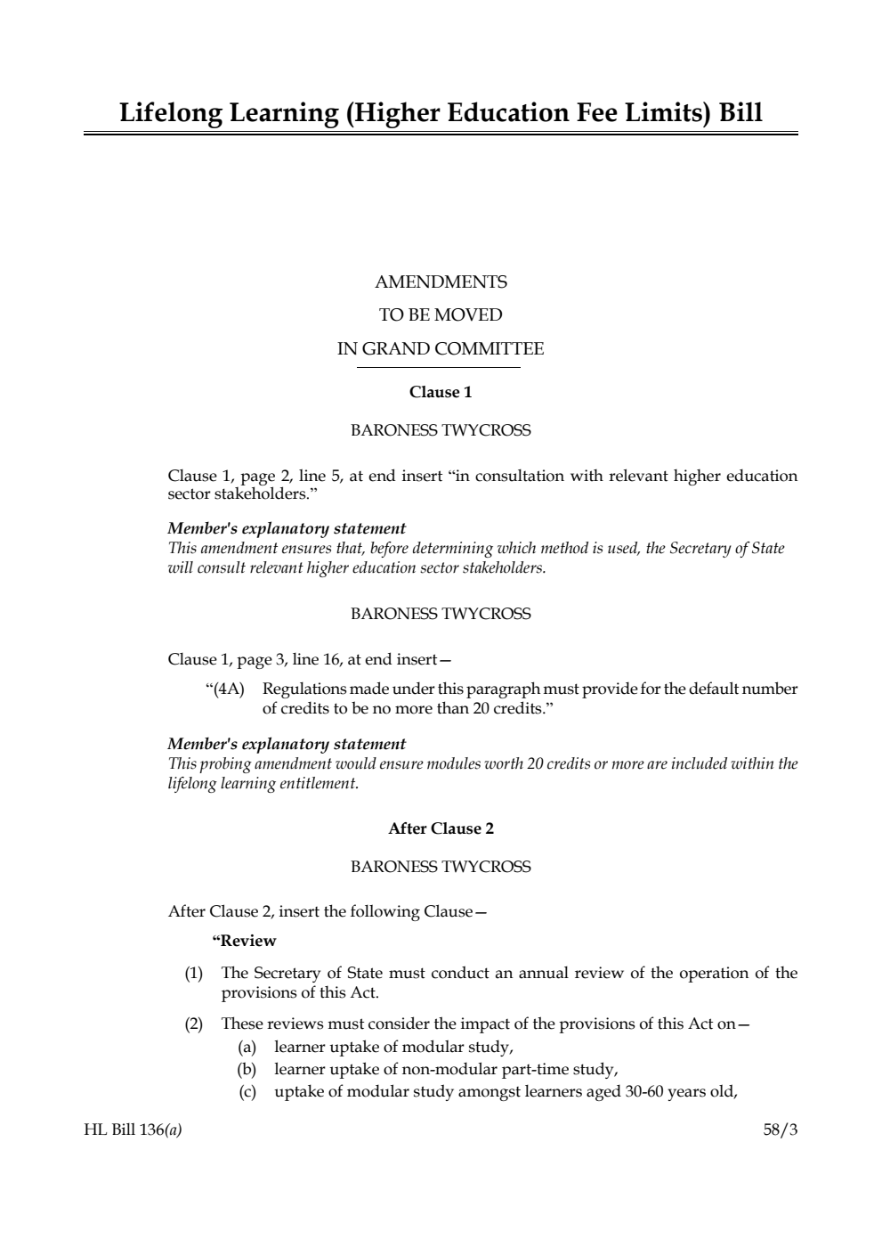 Lifelong Learning (Higher Education Fee Limits) Bill Amendments to be moved in Grand Committee