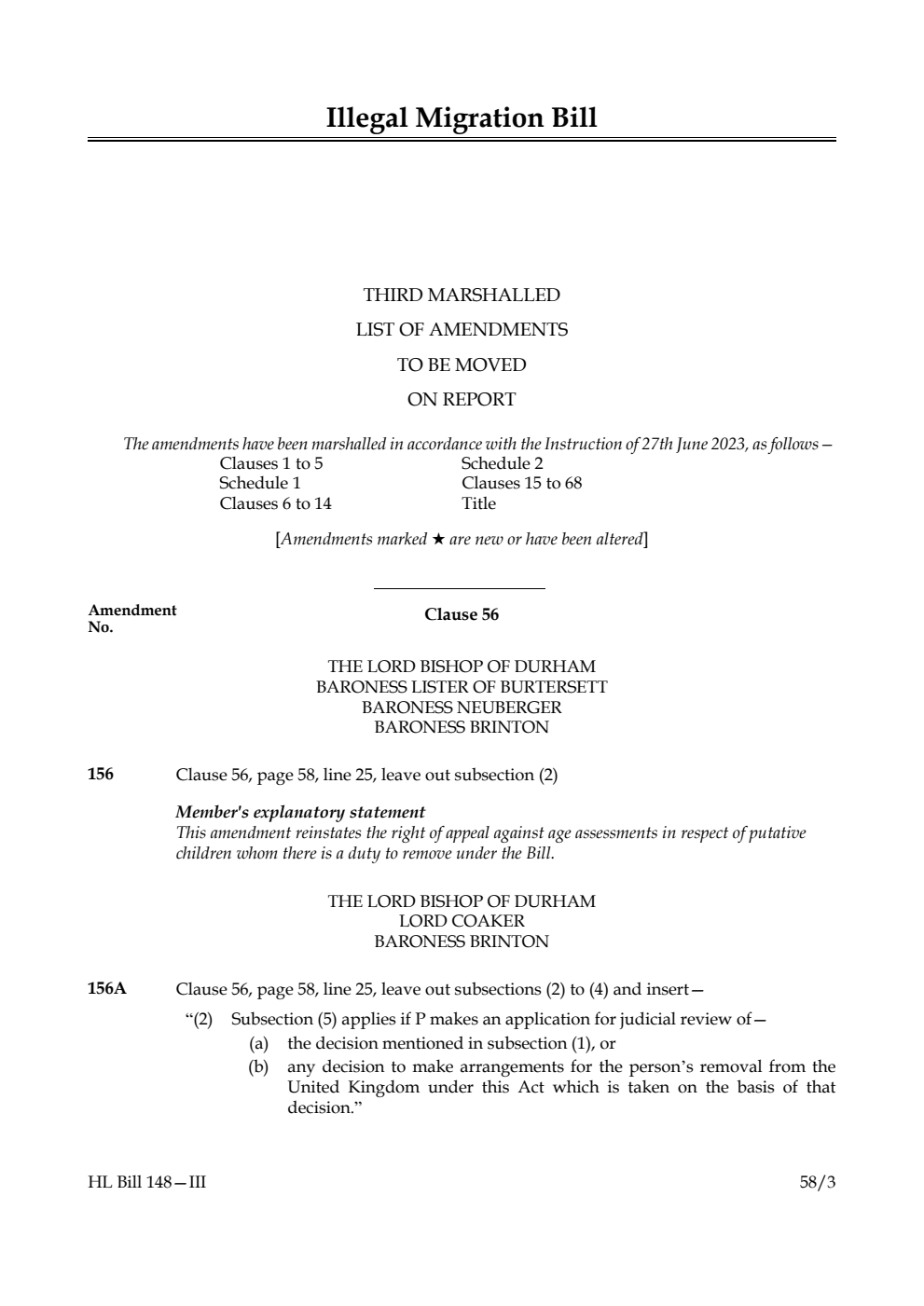 Illegal Migration Bill Third Marshalled List of Amendments to be moved on Report