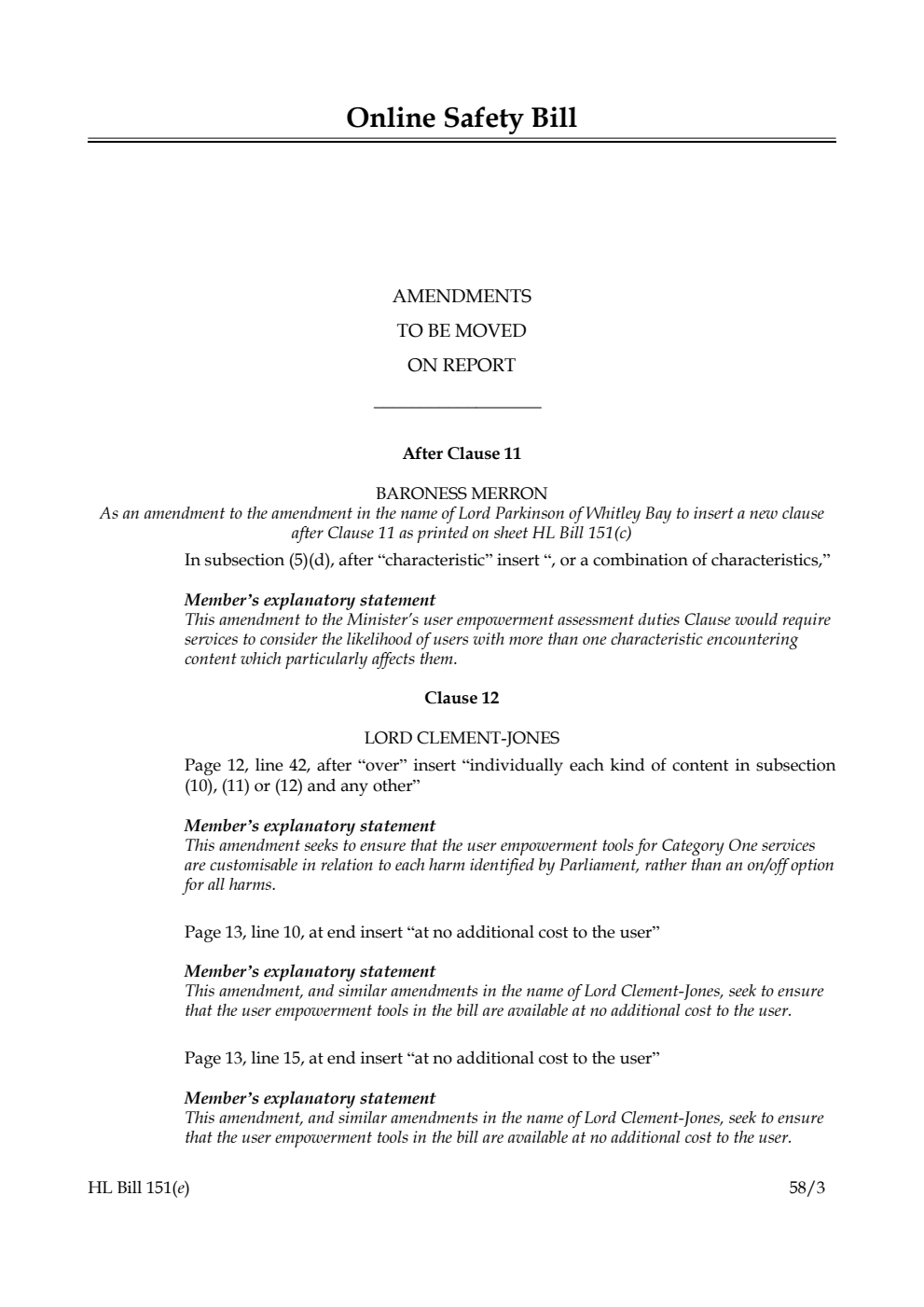 Online Safety Bill Amendments to be moved on Report