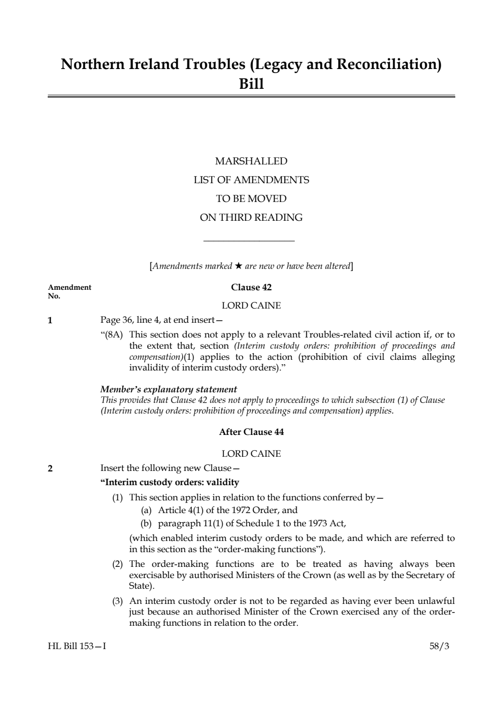 Northern Ireland Troubles (Legacy and Reconciliation) Bill Marshalled List of Amendments to be moved on Third Reading