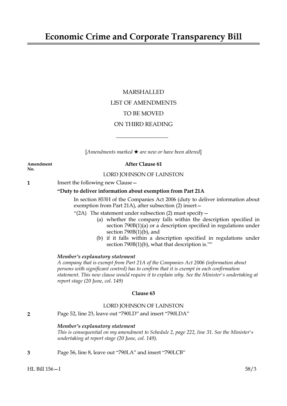 Economic Crime and Corporate Transparency Bill Marshalled List of Amendments to be moved on Third Reading