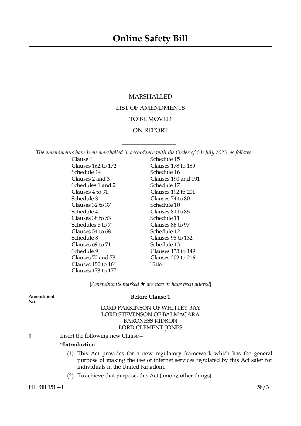 Online Safety Bill Marshalled List of Amendments to be moved on report