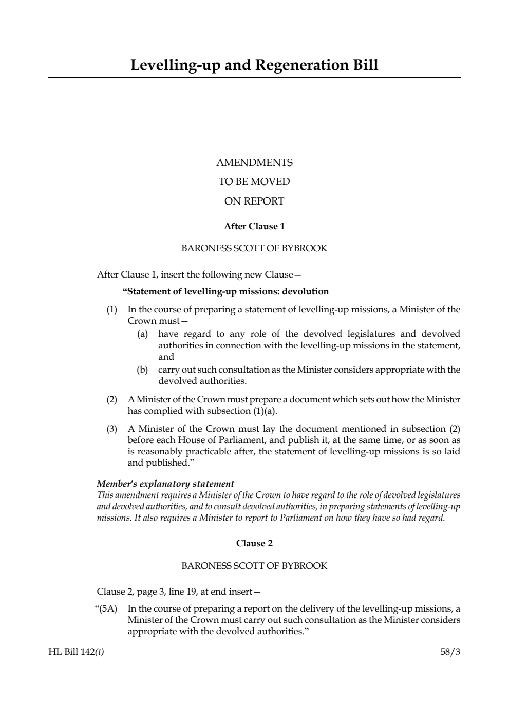 Levelling-up and Regeneration Bill Amendments to be moved on Report