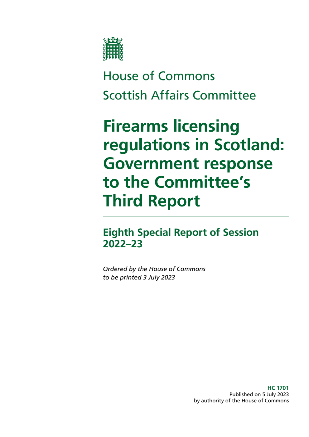 Scottish Affairs Committee 8th Special Report. Firearms licensing regulations in Scotland: Government response to the Committee’s Third Report